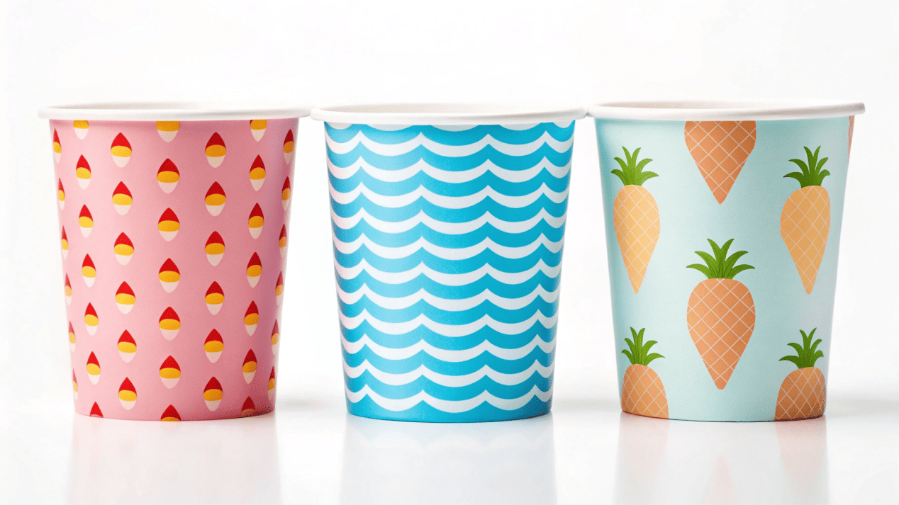 Scoop Up Success with Custom Ice Cream Cups A collection of vibrant, custom-printed ice cream cups showcasing different brand designs.