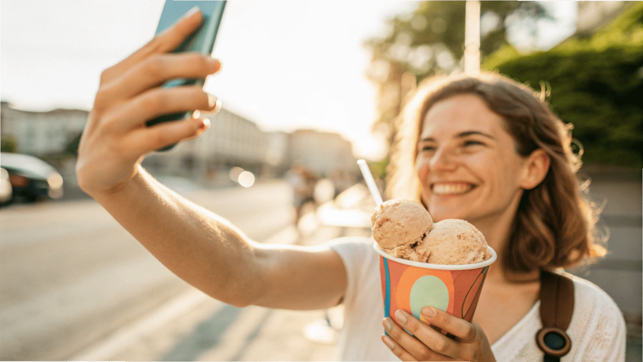 Customer Loyalty and Branded Cups A smiling person taking a selfie with a branded ice cream cup.