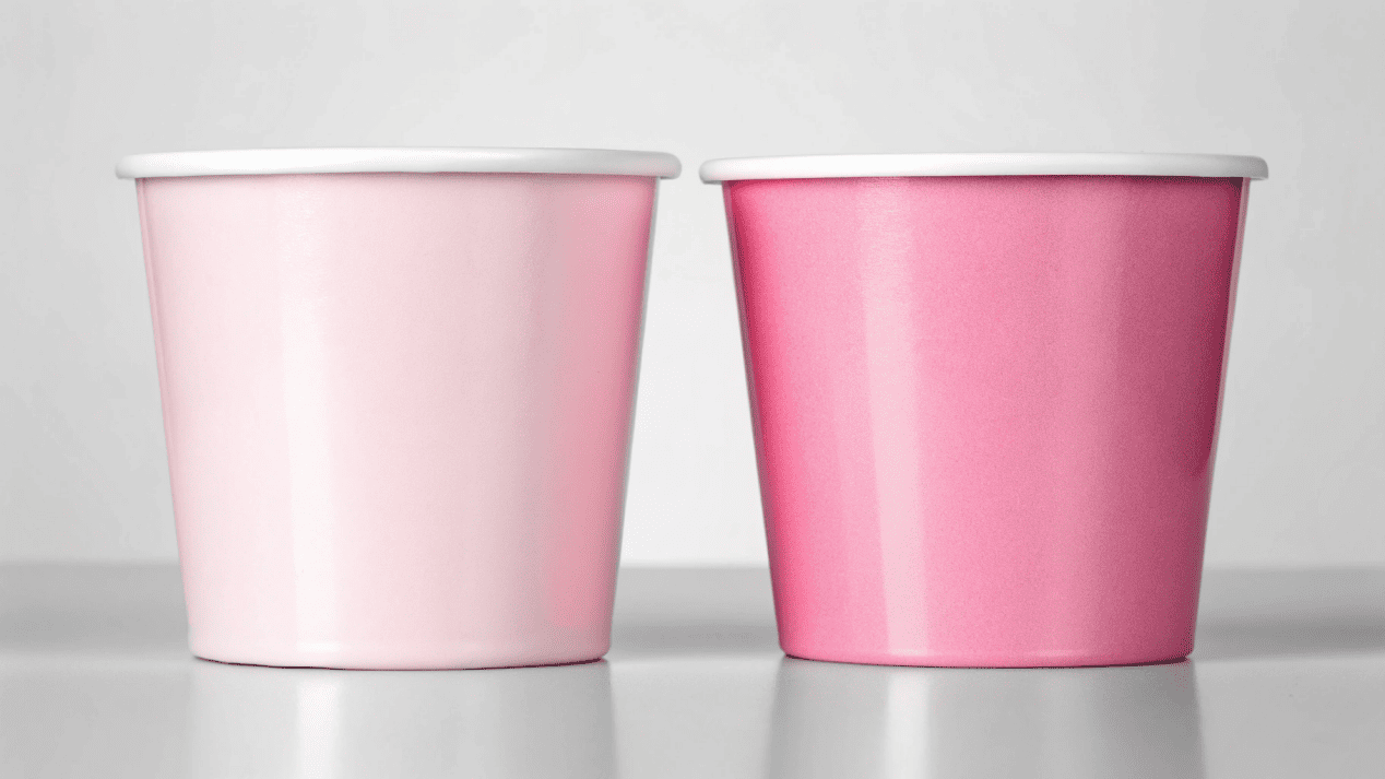Side-by-side comparison of a matte finish and a gloss finish on an ice cream cup.
