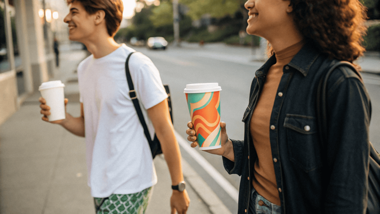 Differentiation with Custom Cups Two people walking, one has a plain cup, the other has a striking custom-branded cup that draws the eye.