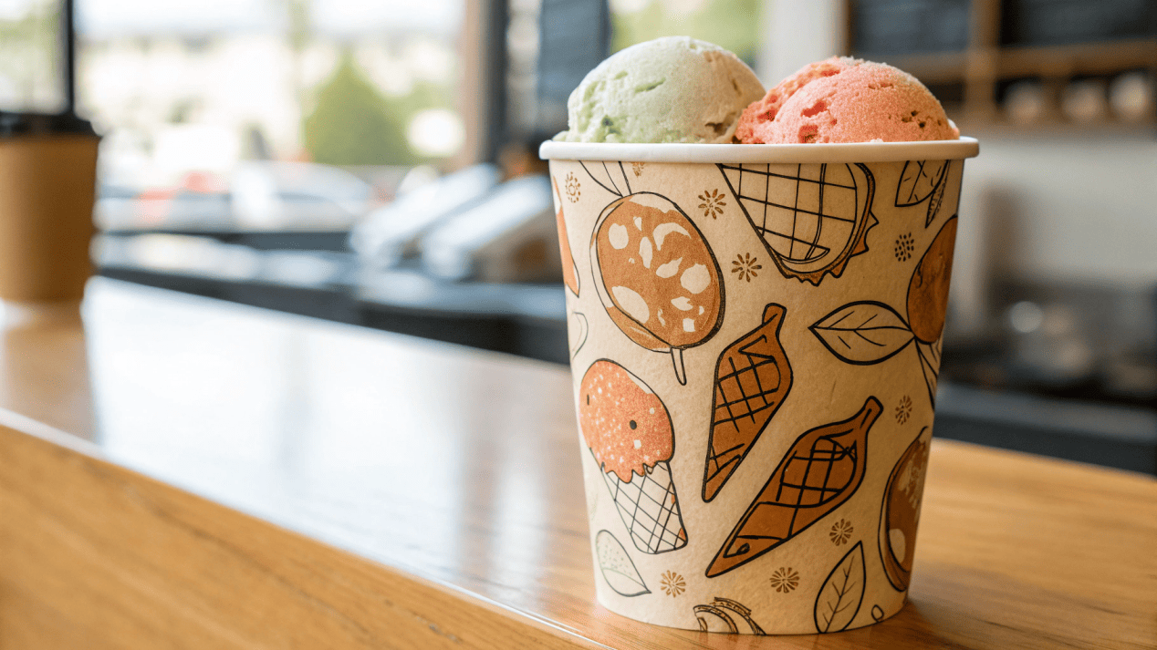 Cross-Promotion with Custom Cups A co-branded ice cream cup showing logos from a local ice cream shop and a coffee shop.