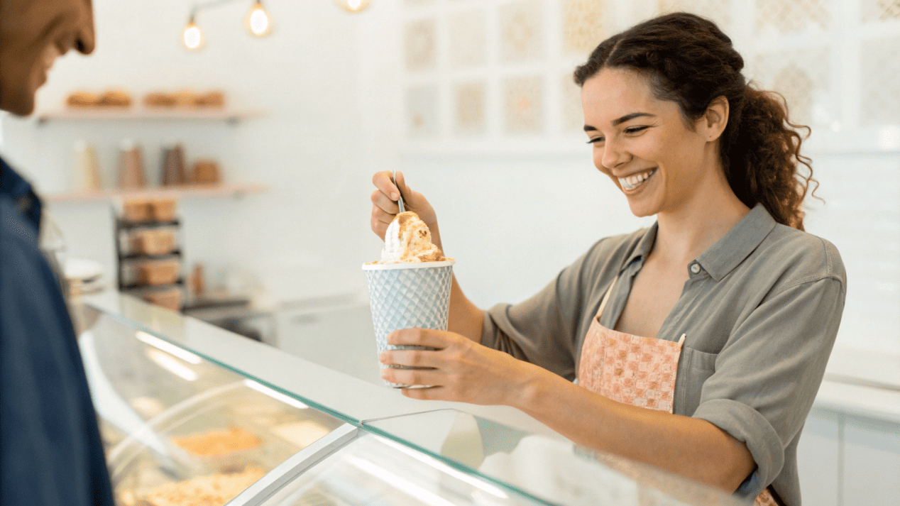 A customer happily paying a premium price for a beautifully packaged ice cream.