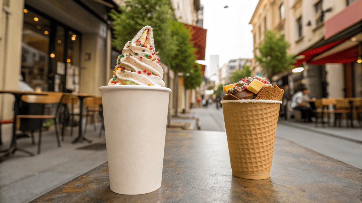Differentiation in a Crowded Market Two competing ice cream shops side-by-side; one with plain cups, the other with unique, eye-catching custom cups.