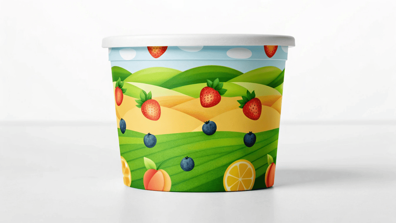 Storytelling on Ice Cream Cups An ice cream cup design that features illustrations of local farms and fruits.