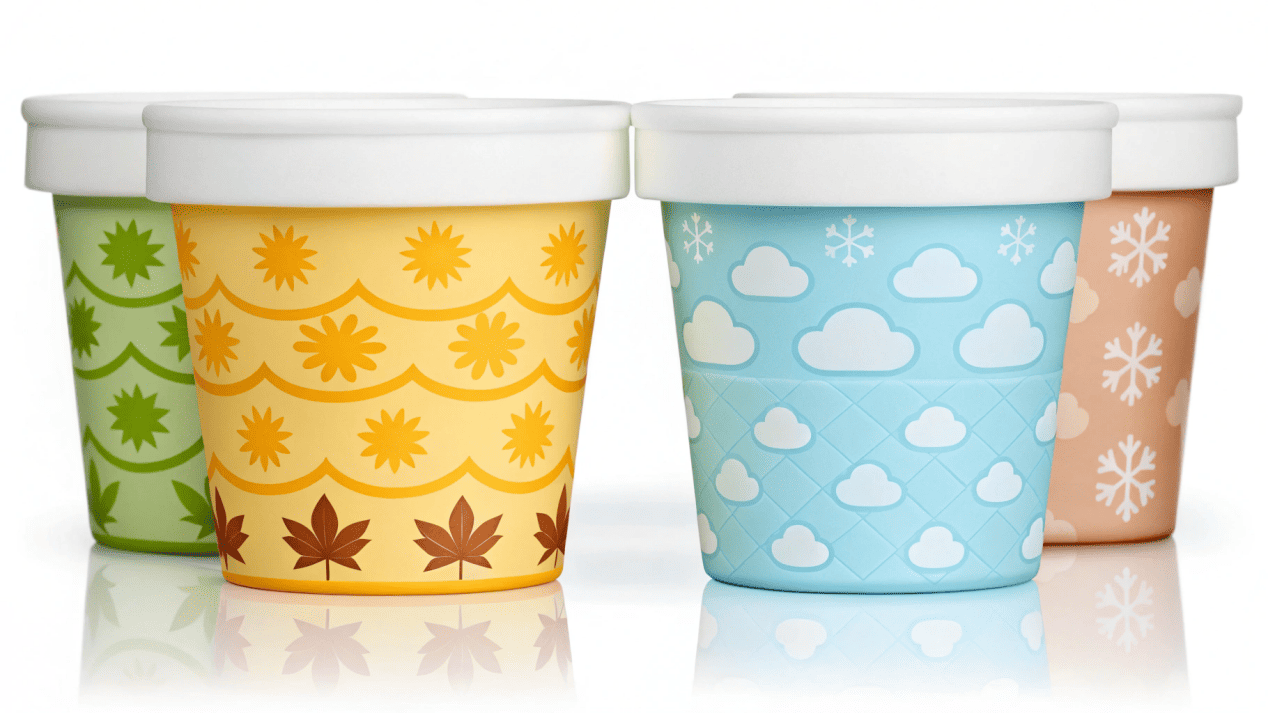 Seasonal Ice Cream Cup Campaigns A collection of seasonal ice cream cups for spring, summer, autumn, and winter.