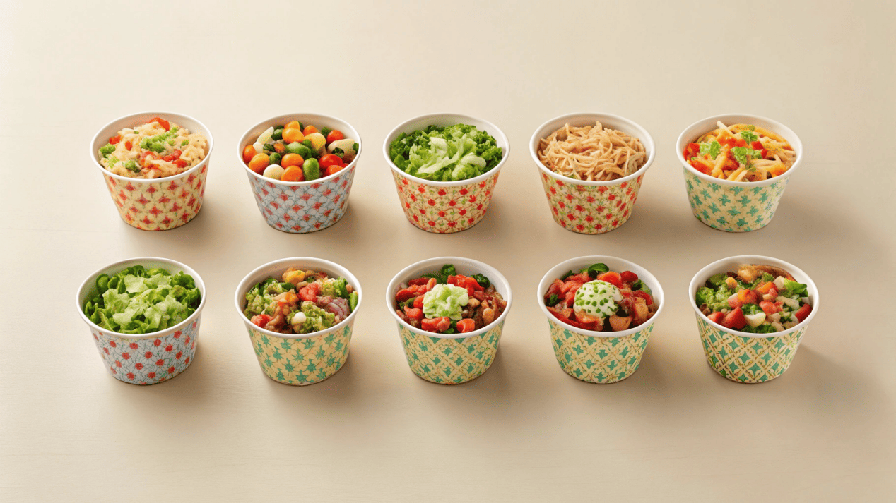 A collection of beautifully custom-printed paper bowls with various food items.