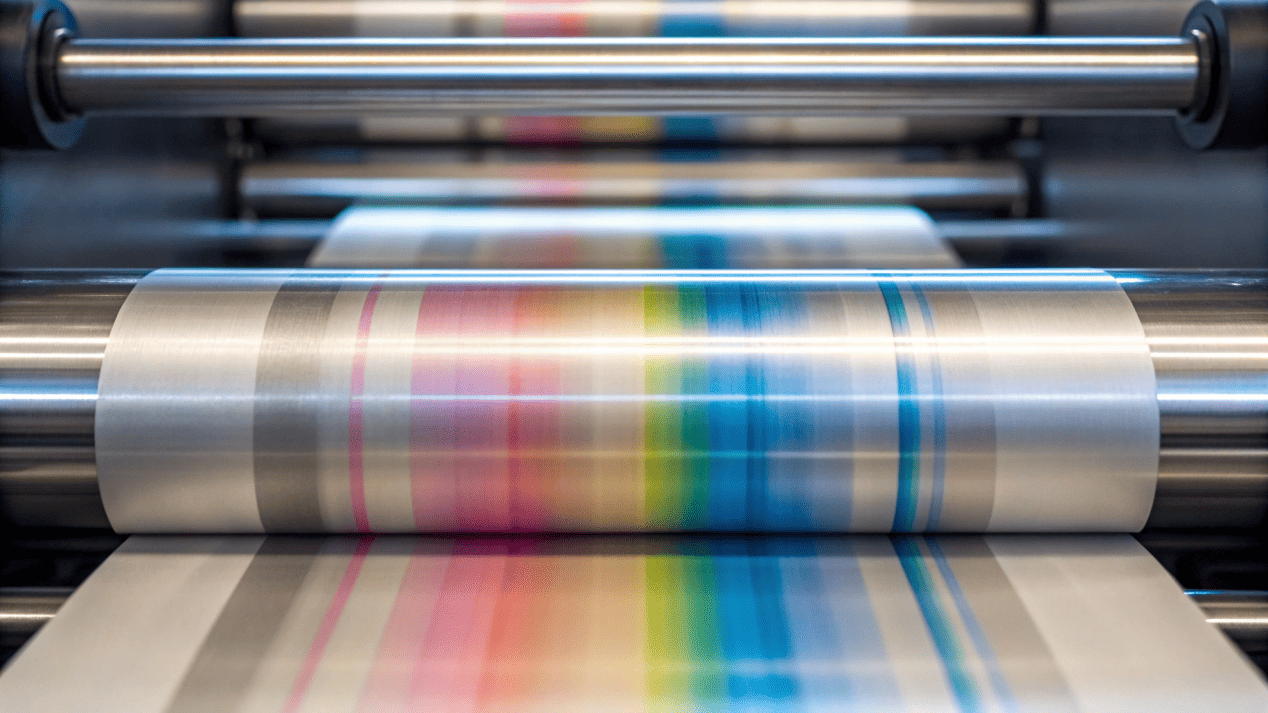 A close-up of a high-speed printing press applying ink to paper sheets.