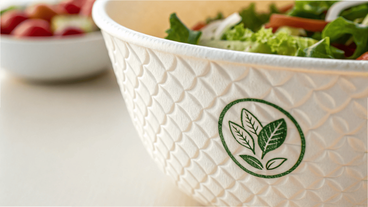 A close-up of a printed bowl with a "Food-Safe Certified" icon.