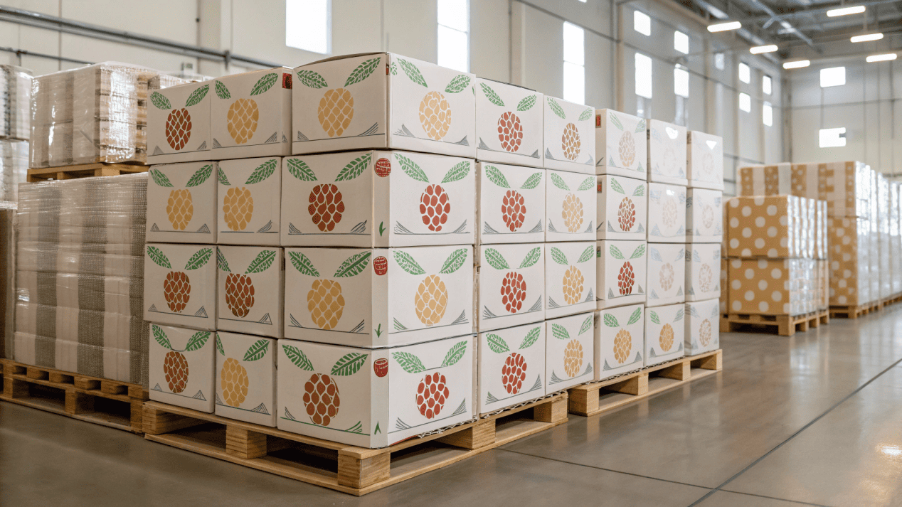 A pallet of custom-printed bowl boxes ready for a smaller business.