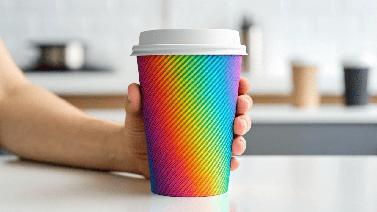 A person holding a beautifully designed custom printed paper cup.