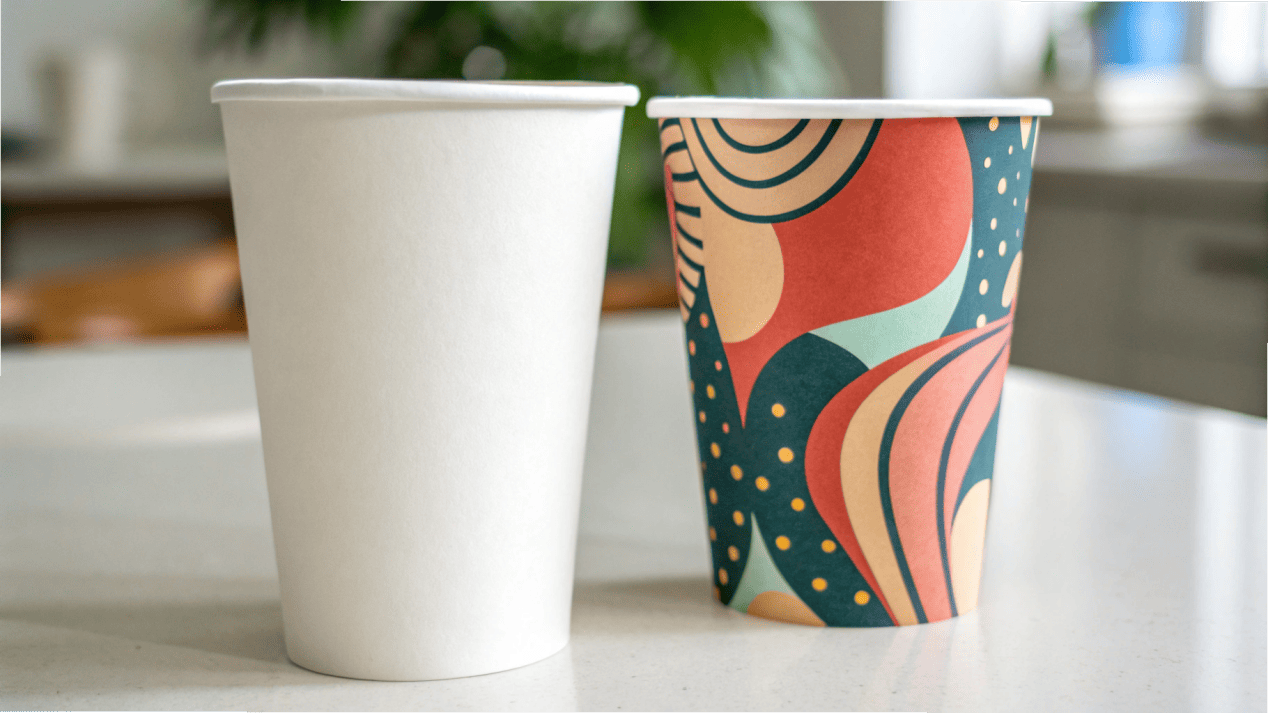 A plain white cup next to a vibrant, custom branded cup.