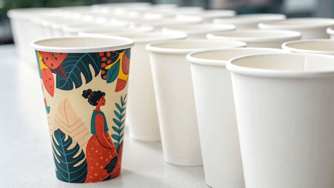 A unique custom cup stands out in a crowd of generic cups.