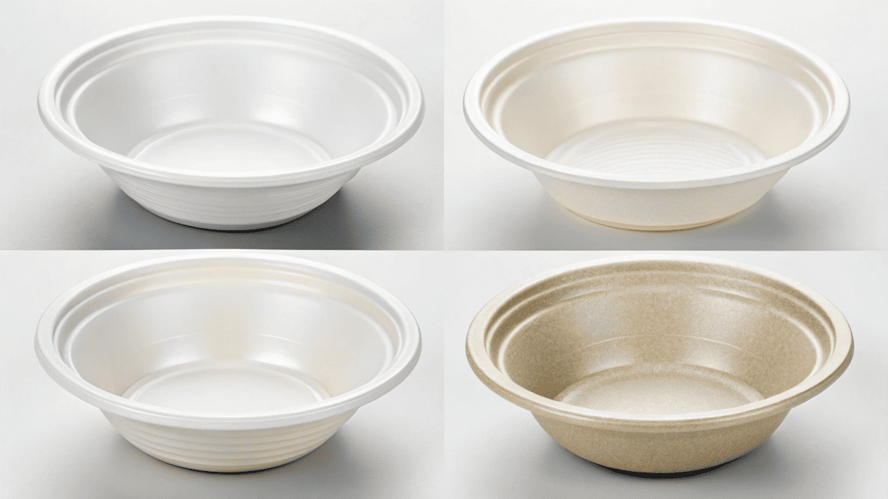 Disposable Bowl Material Types Close-up shots of paper, PP plastic, PET plastic, and bagasse bowl materials.
