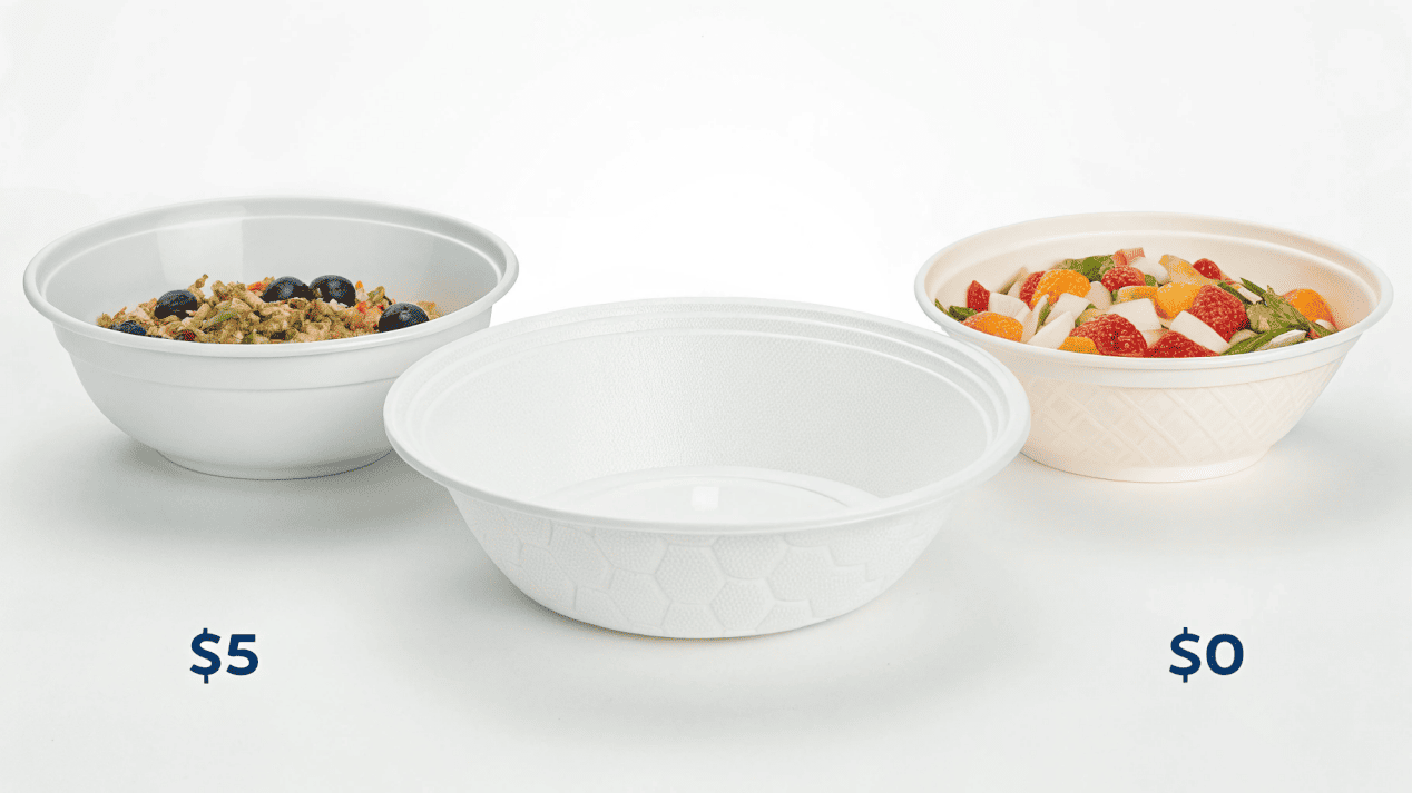 Price Comparison of Disposable Bowls A spectrum of bowls from basic plastic to premium printed paper, with dollar signs indicating cost.
