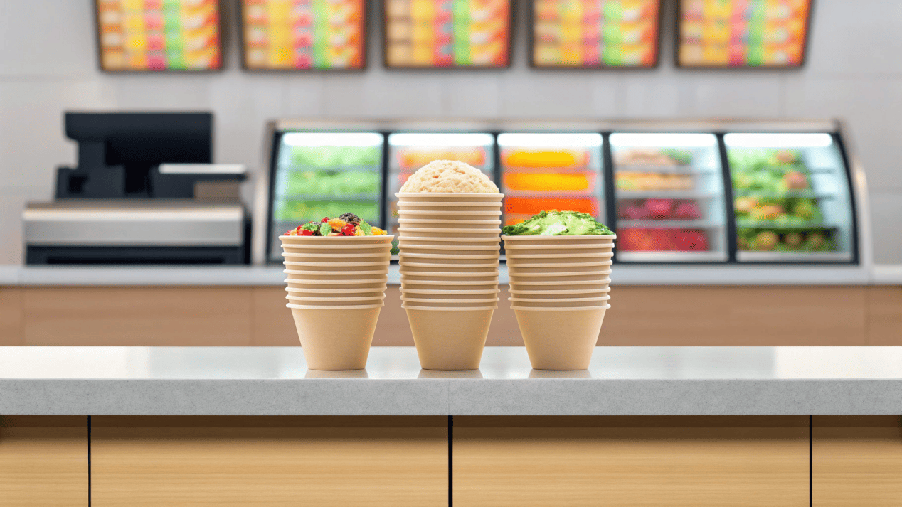 Market Segmentation for Disposable Bowls A fast food counter, an ice cream shop, and a salad bar, each showing their typical bowl choice.