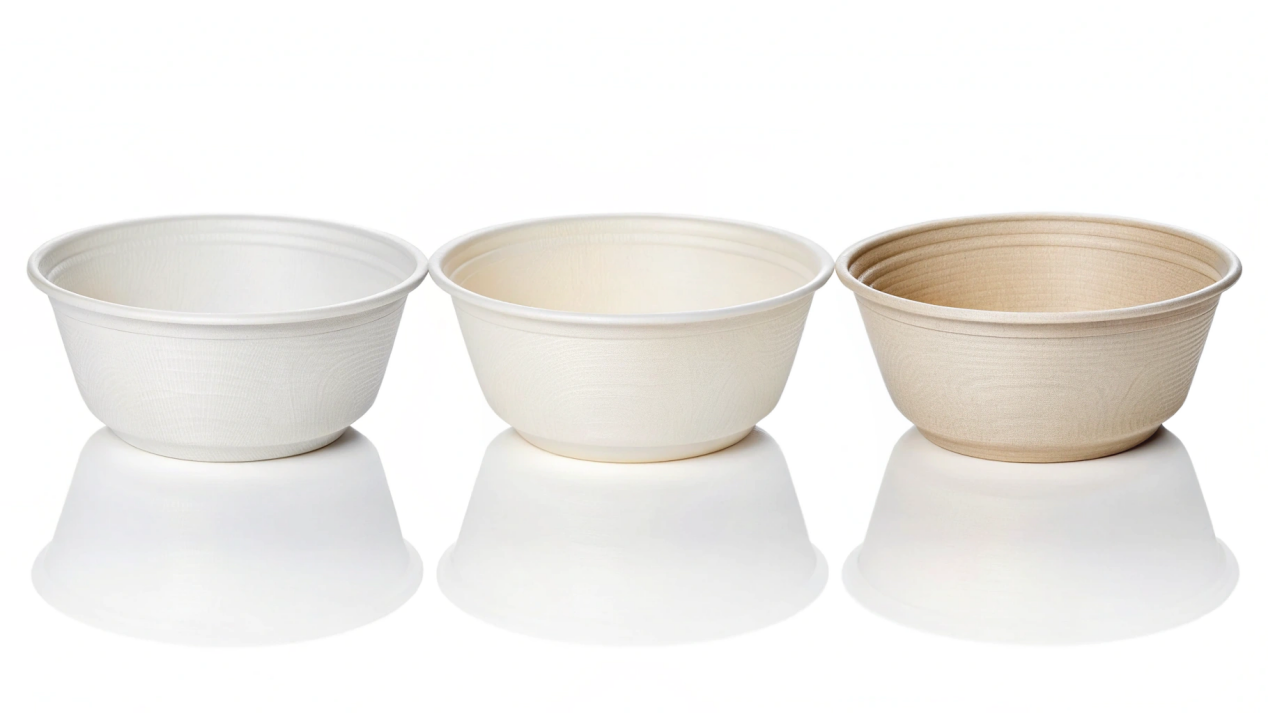 Types of Disposable Bowls A display of different types of disposable bowls: paper, plastic, and plant-fiber.