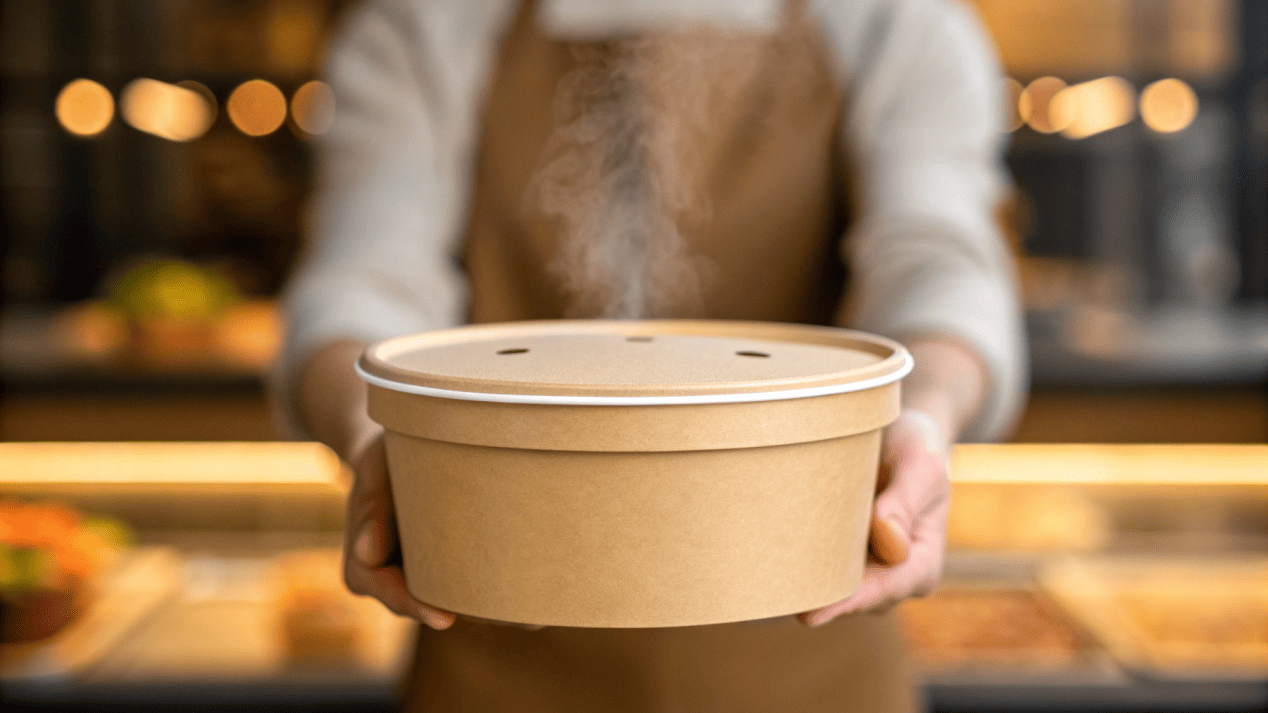 Engineered for Safe Hot Soup Delivery A perfectly sealed disposable soup bowl being handed to a customer, with steam gently escaping from the lid vent.