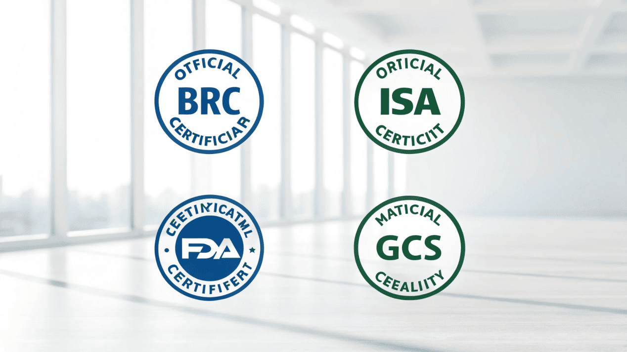 Global Food Safety Certifications A collage of official certification logos like BRC, ISO, FDA, and SGS on a clean background.