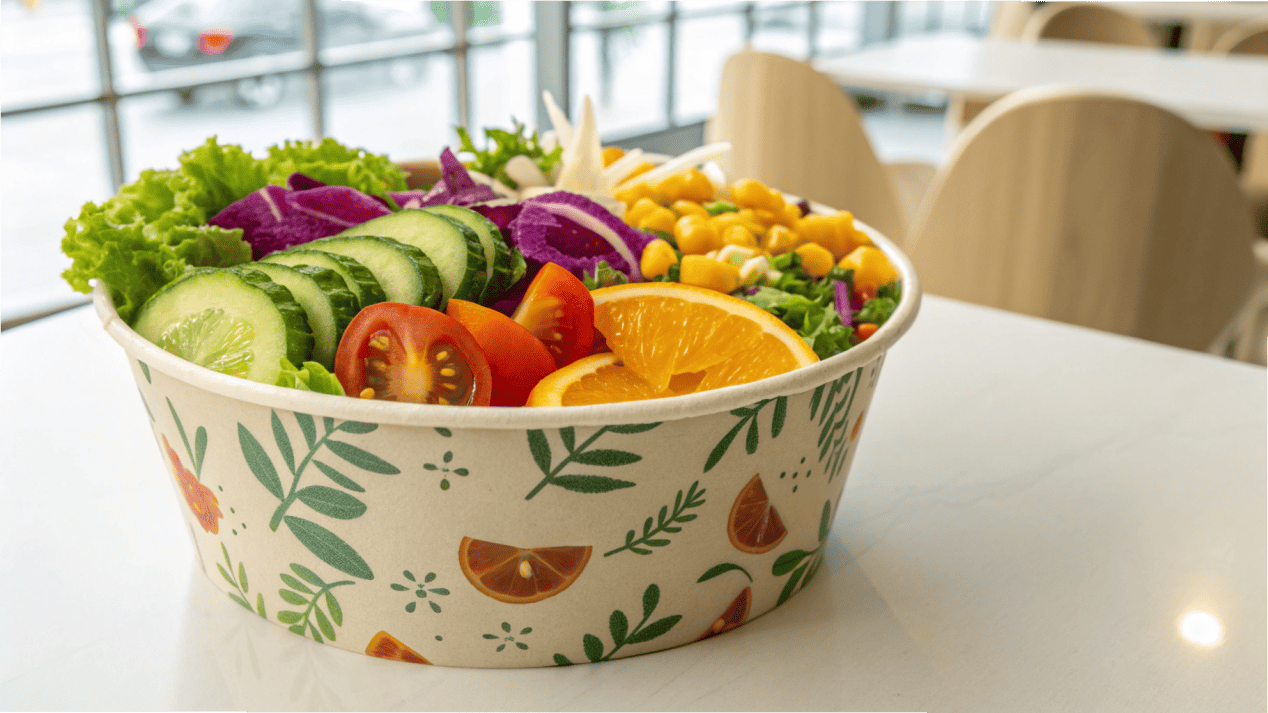 A custom-printed paper bowl filled with a colorful salad.