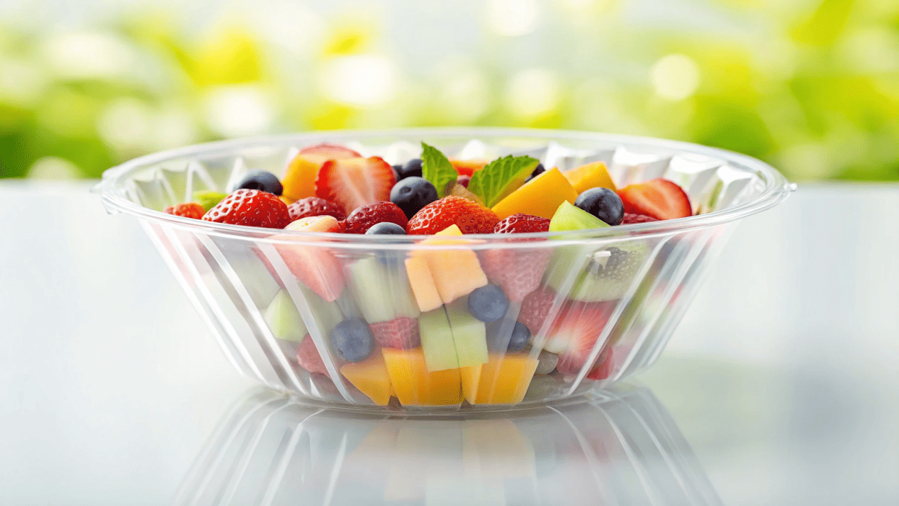 A clear PLA bowl showcasing a fresh fruit salad.