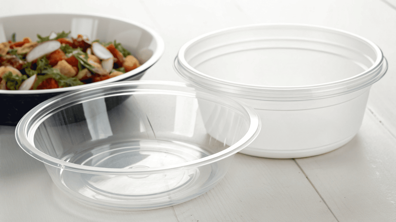 A clear PET plastic bowl and a durable PP plastic bowl.
