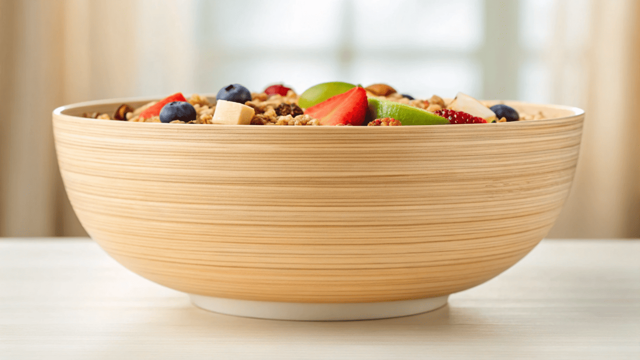 A stylish bamboo fiber bowl filled with a healthy grain bowl.