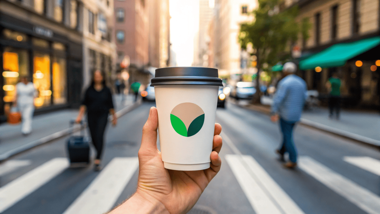 A custom-branded disposable coffee cup held by a customer walking down a busy street.