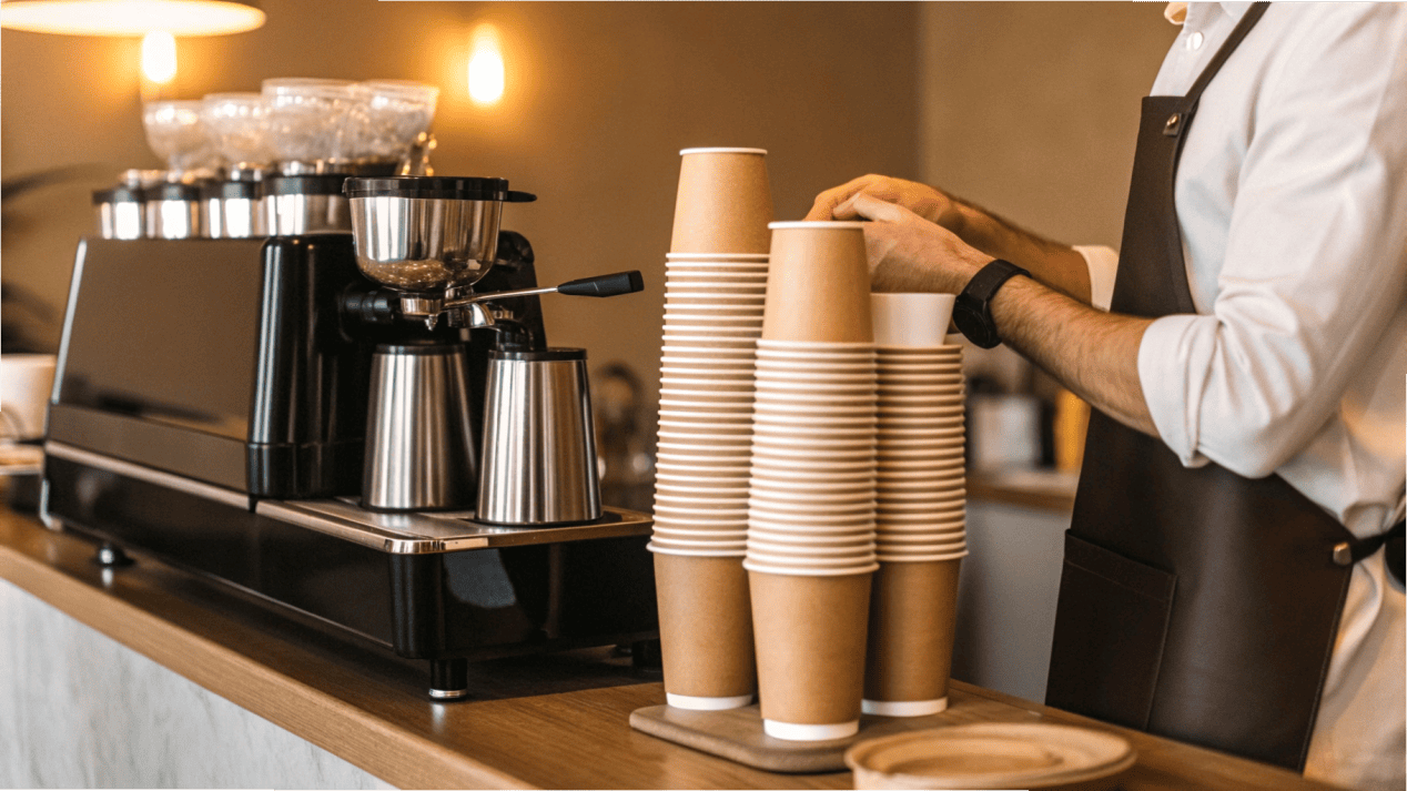 A clean stack of disposable coffee cups next to a coffee machine, with a barista's clean hands grabbing one.