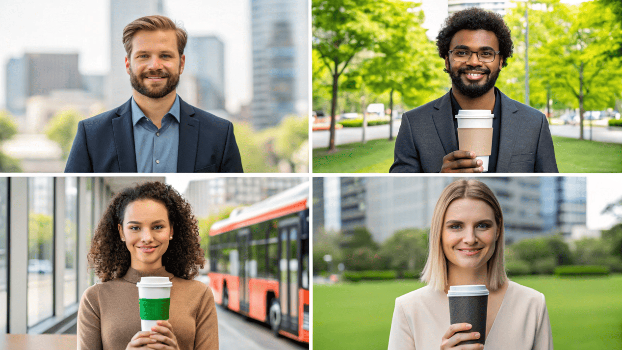 A collage of photos showing different people in different locations (office, park, bus) all holding coffee cups with the same distinct brand logo.