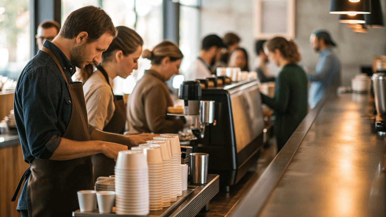 A busy coffee shop counter during morning rush, showing a fast-moving line and baristas quickly serving coffee in disposable cups.