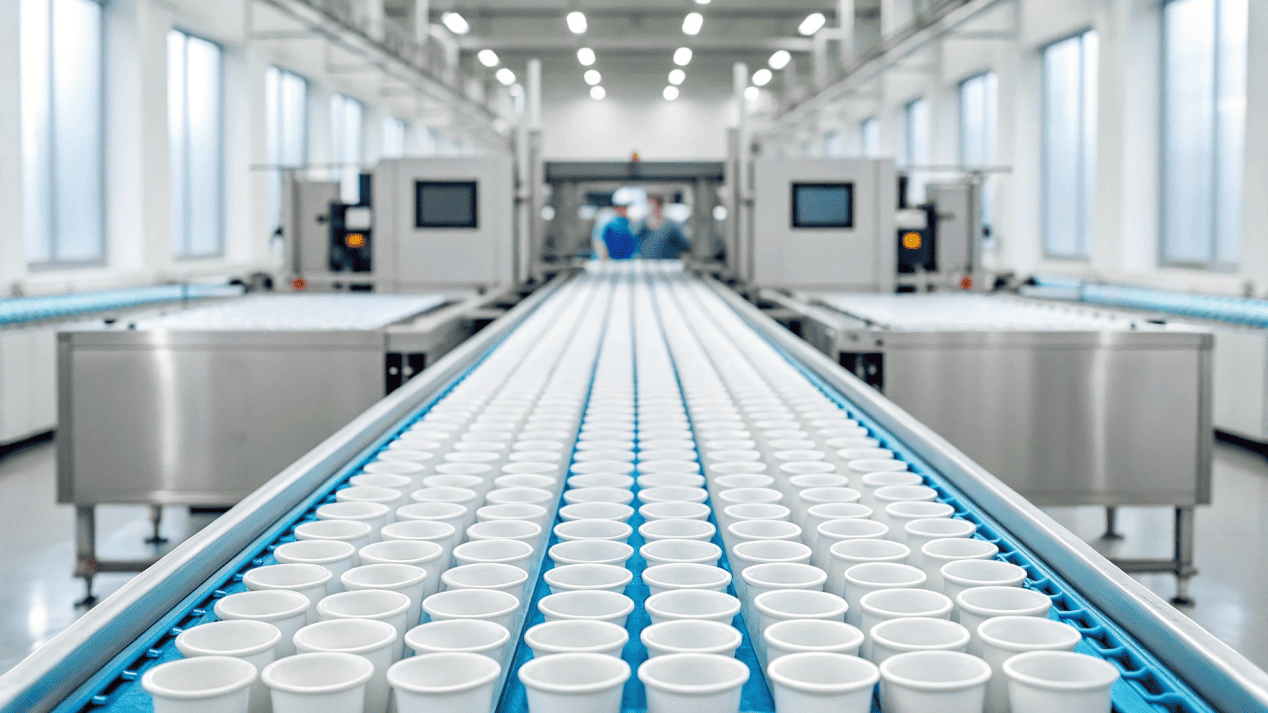 A high-speed cup manufacturing machine in a clean factory environment.