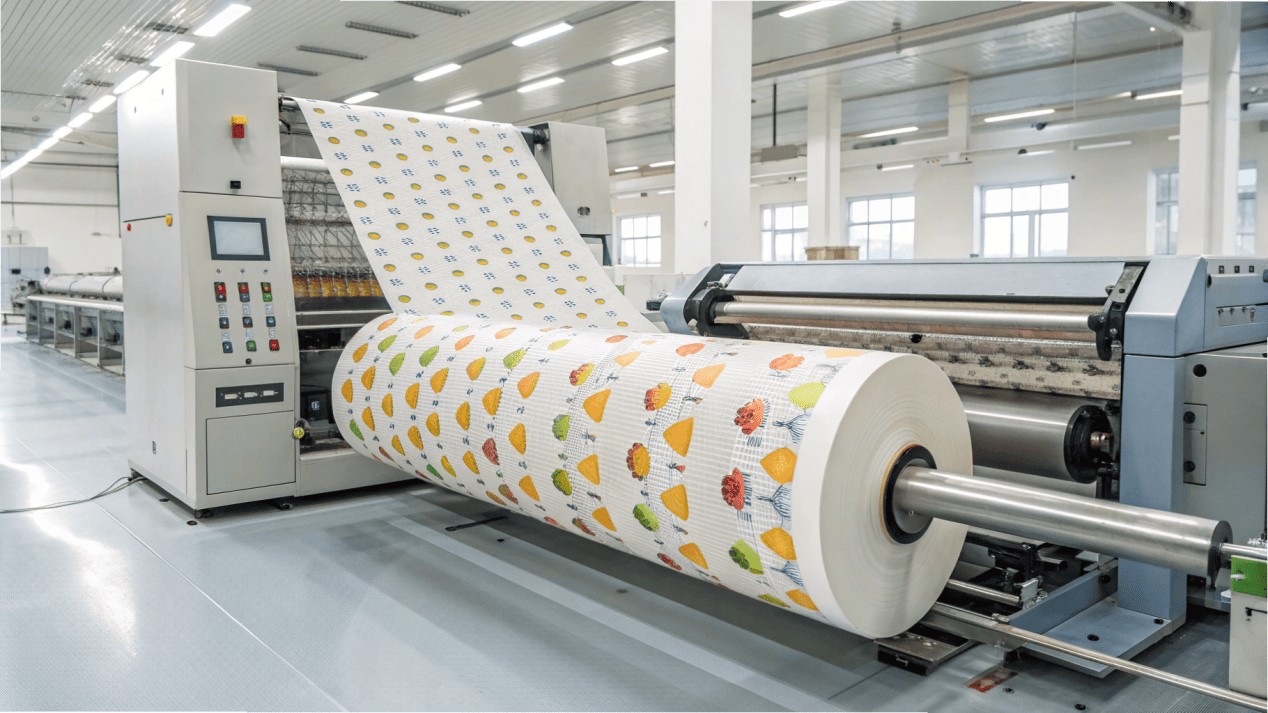 A large roll of printed paper being fed into a die-cutting machine.
