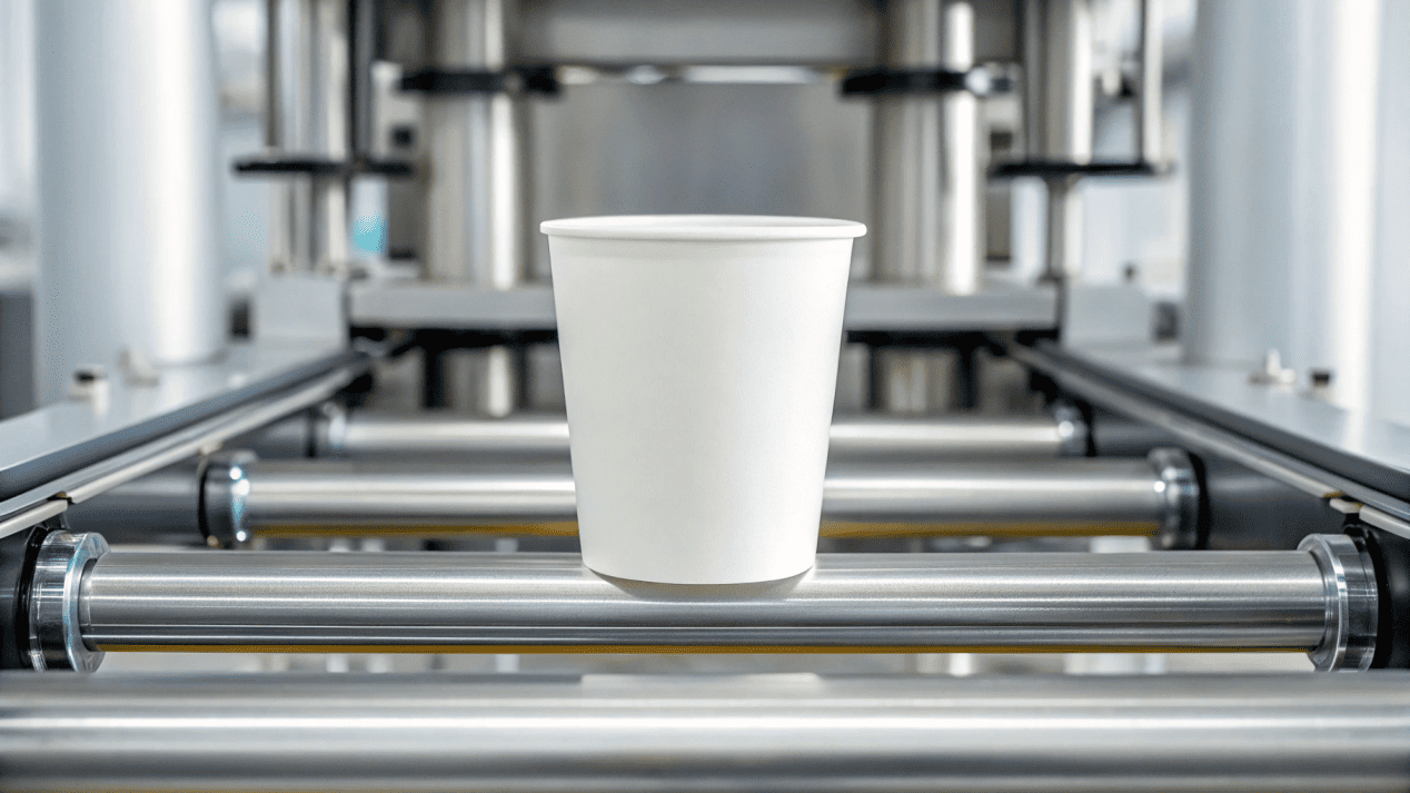 A close-up of a cup forming machine rolling the rim of a paper cup.