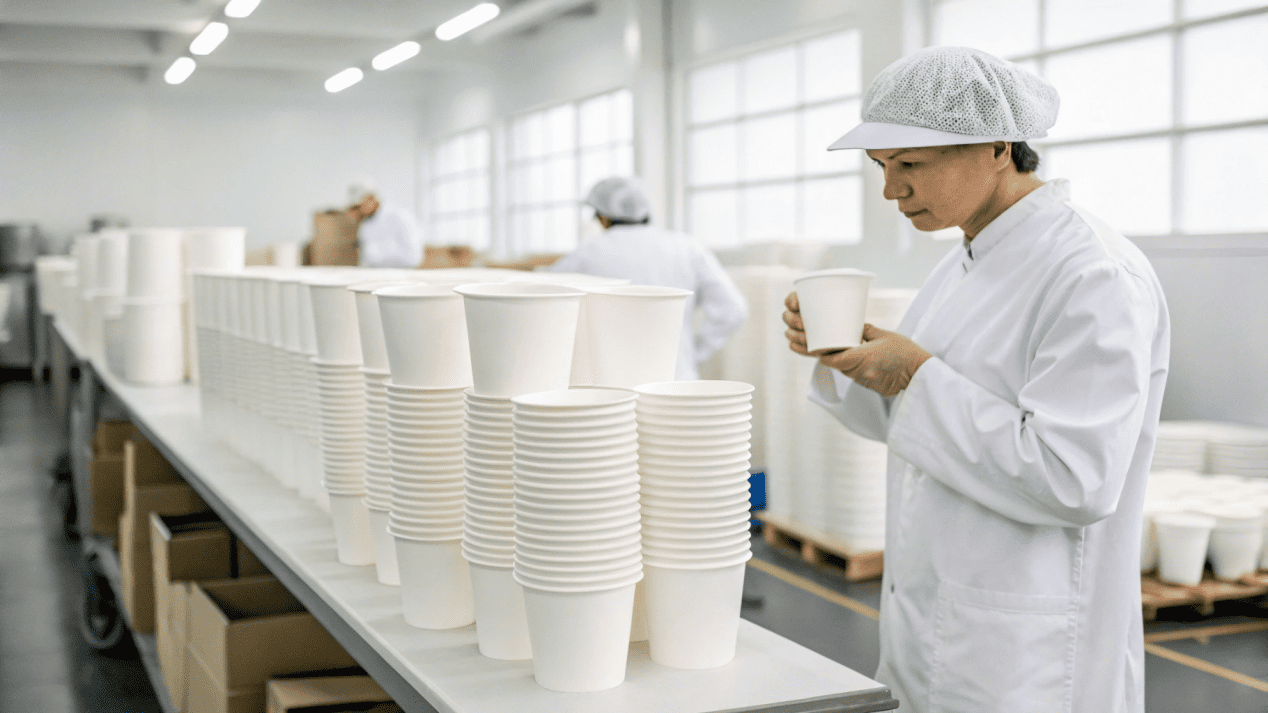 A quality control technician inspecting a batch of newly made paper cups.
