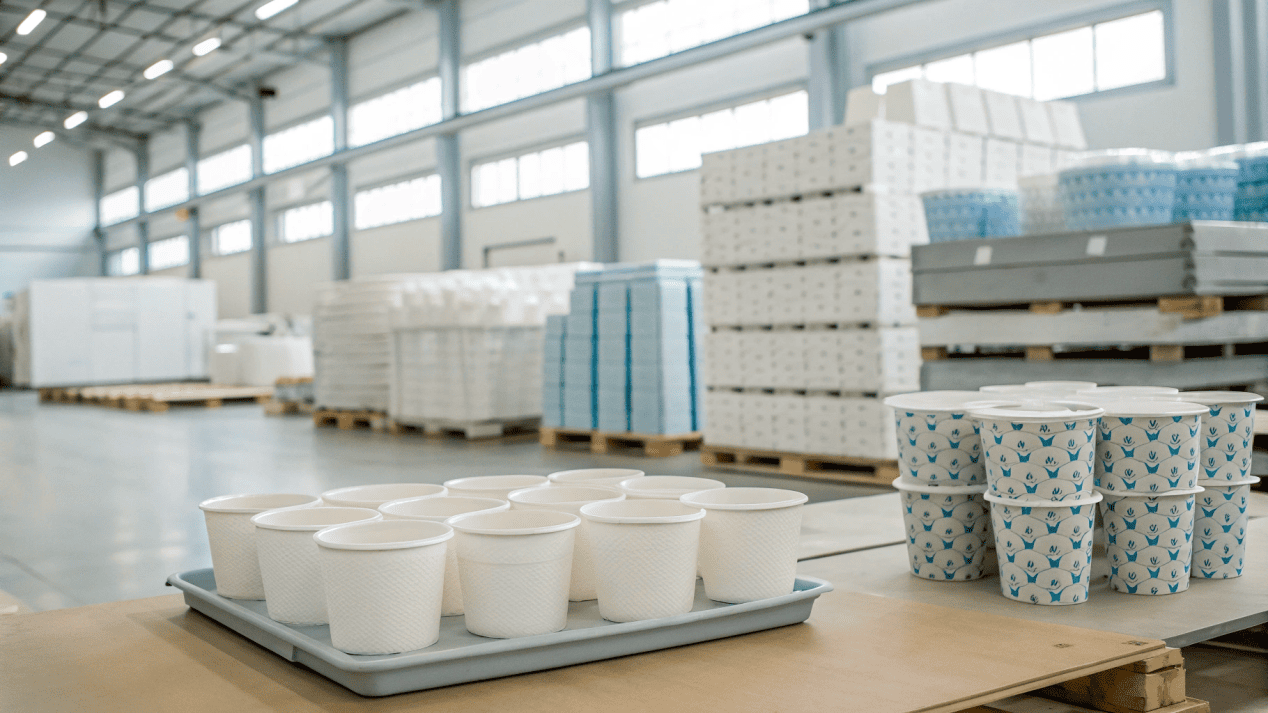 A diagram showing how a coating on an ice cream cup blocks moisture from both the inside and outside.