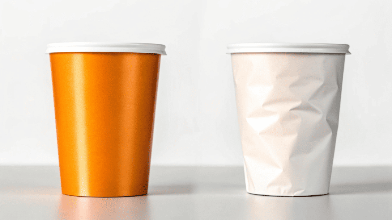 A split image: on one side, a beautiful custom-printed cup; on the other, a crushed, leaky generic cup.