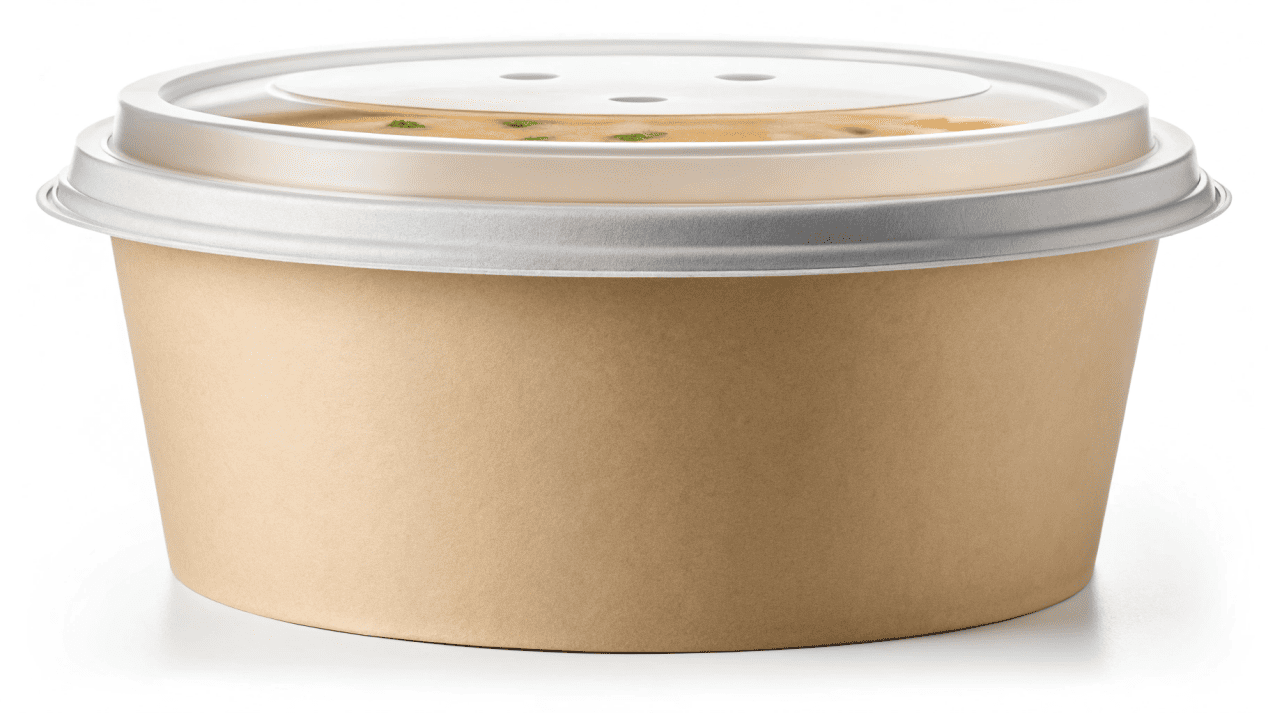 The Perfect Disposable Soup Bowl System A perfectly sealed disposable paper soup bowl with a vented lid, next to a bowl of delicious soup.