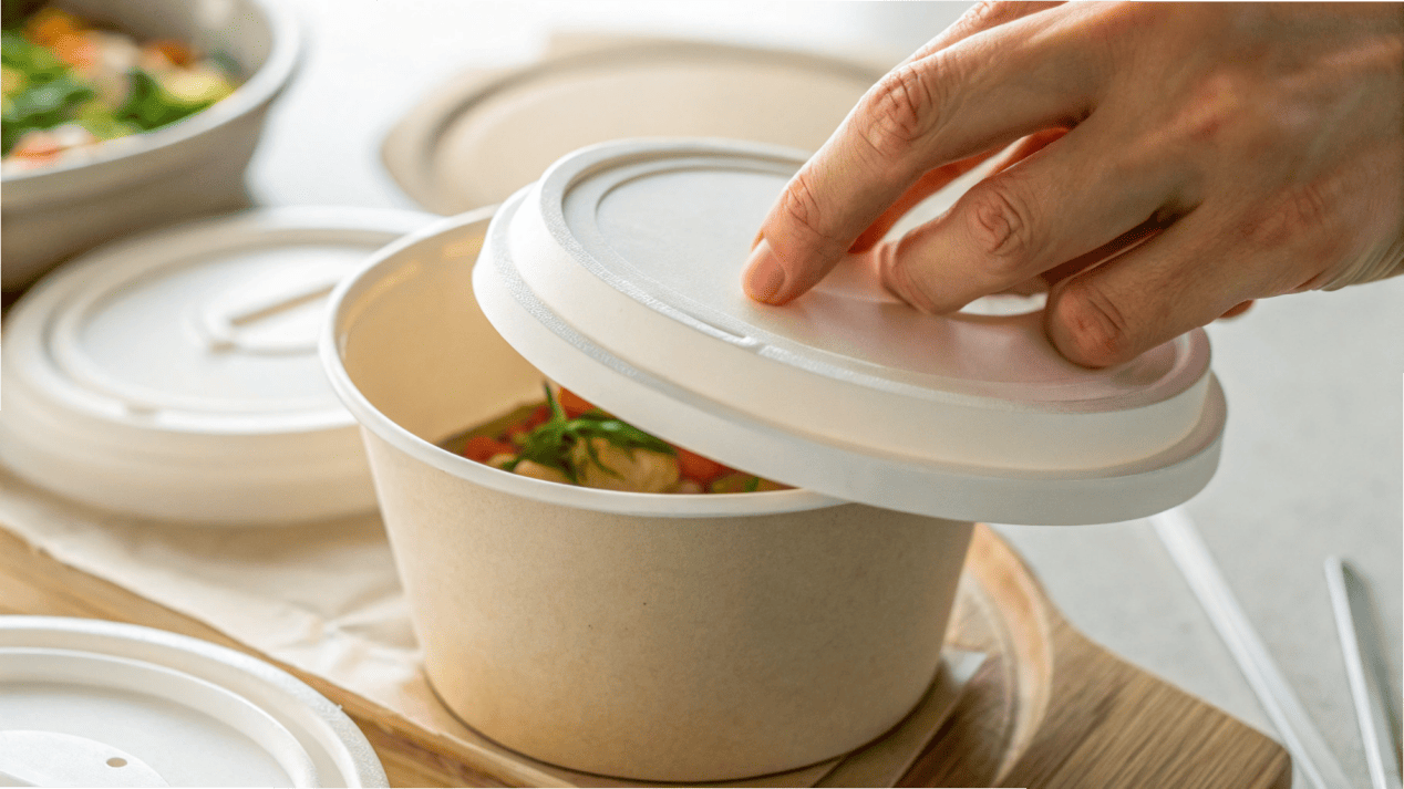 The Importance of a Secure Lid Fit A close-up shot of a hand securely snapping a vented lid onto a paper soup bowl with a "click" sound effect icon.