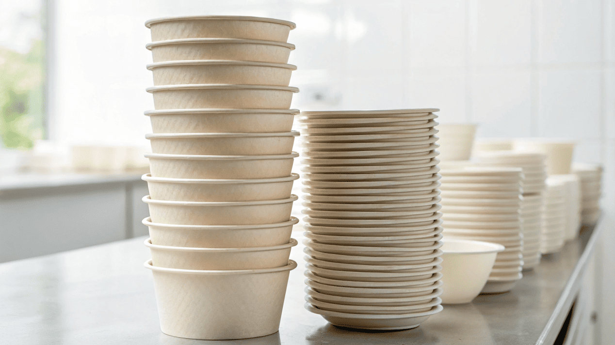 Efficient Stacking and Storage of Soup Bowls A tall, stable stack of disposable soup bowls next to a disorganized, falling stack to show the contrast.