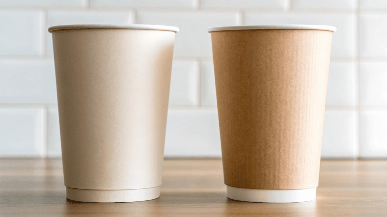 Single Wall vs. Double Wall Paper Cups A single wall paper cup next to a double wall paper cup, showing the difference.