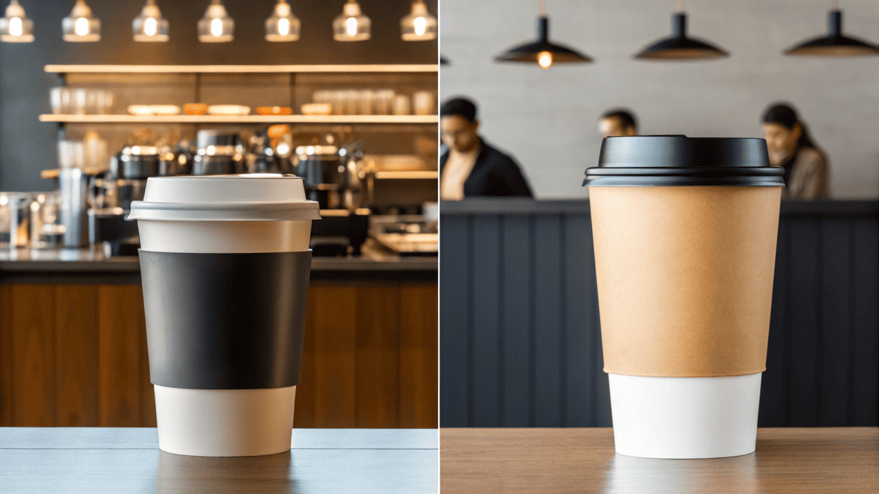 Market Application of Paper Cups A bustling cafe using double wall cups and a fast-food counter using single wall cups.