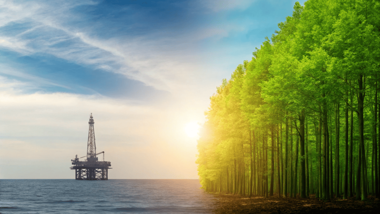 Supply Chain Impact of Switching to Paper An illustration showing a supply chain transformation from an oil rig to a forest.
