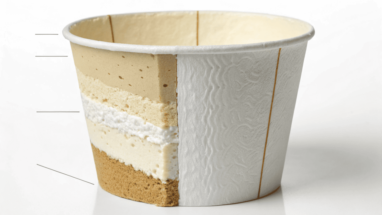 Double-Coated Paper for Ice Cream Cups A cross-section diagram of a paper ice cream cup showing the double PE/PLA coating.