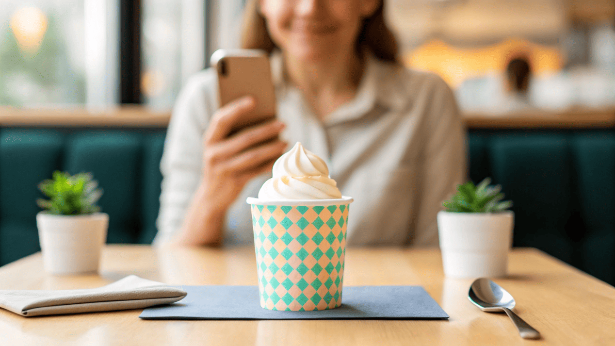 Storytelling with Ice Cream Packaging A customer taking a photo of their beautifully branded ice cream cup for social media.
