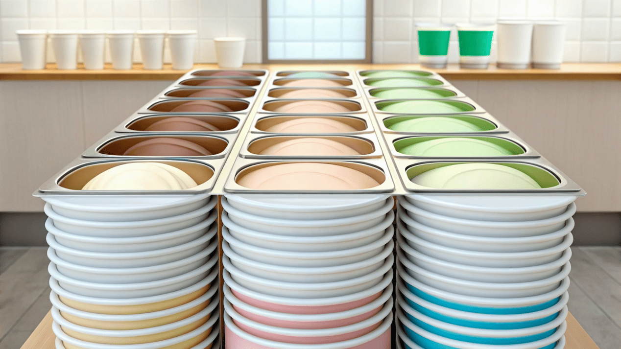 An organized freezer for an ice cream business with tubs and stacks of cups.