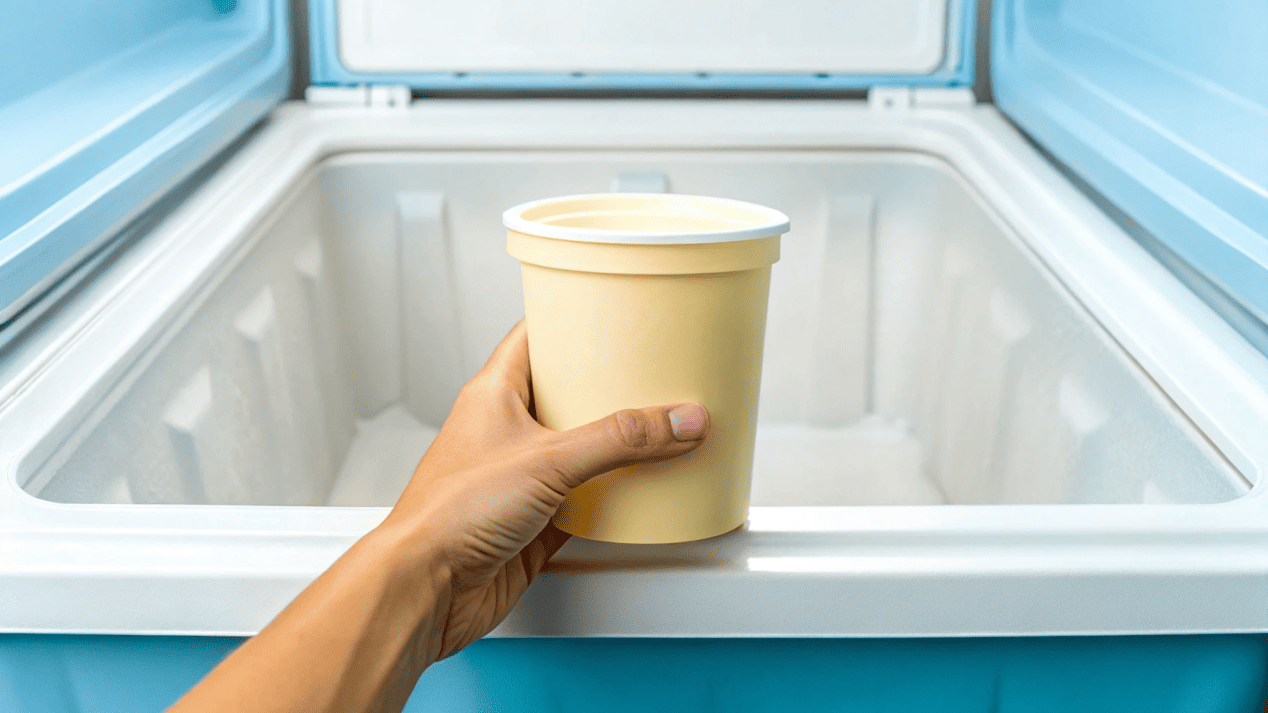 A hand placing a new tub of ice cream behind an older one in a freezer.