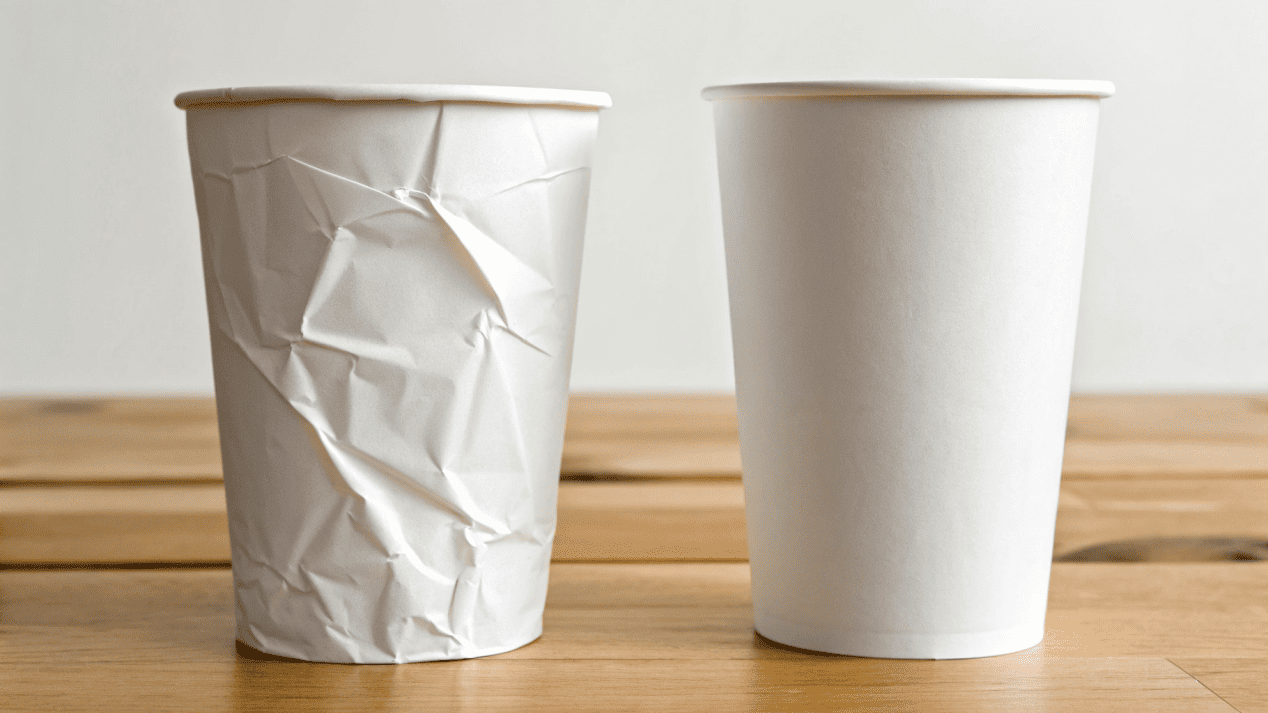 A crushed paper cup next to a sturdy, undamaged one.