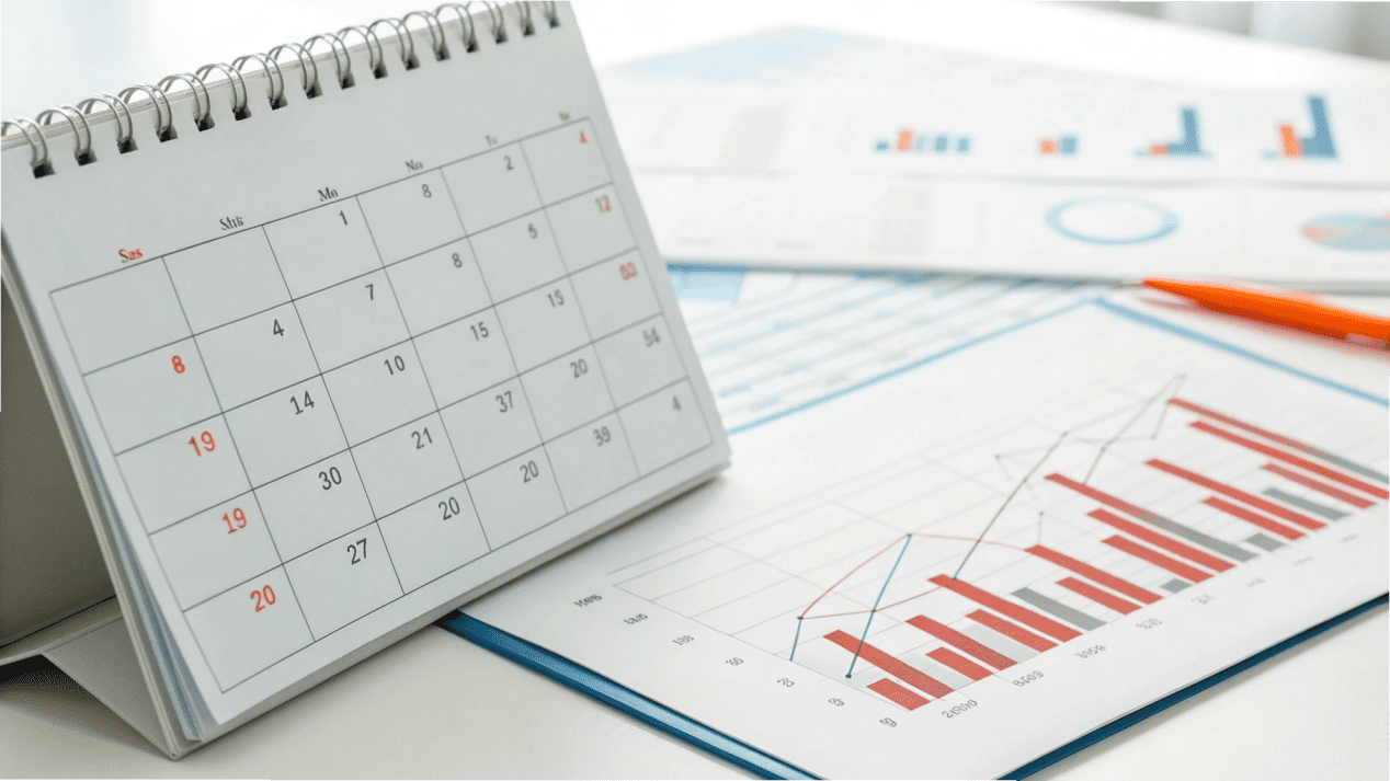 A calendar with order dates marked, next to a graph showing sales spikes.