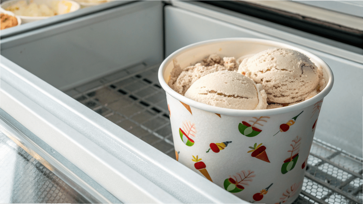 A large, sturdy ice cream tub in a commercial freezer display case.