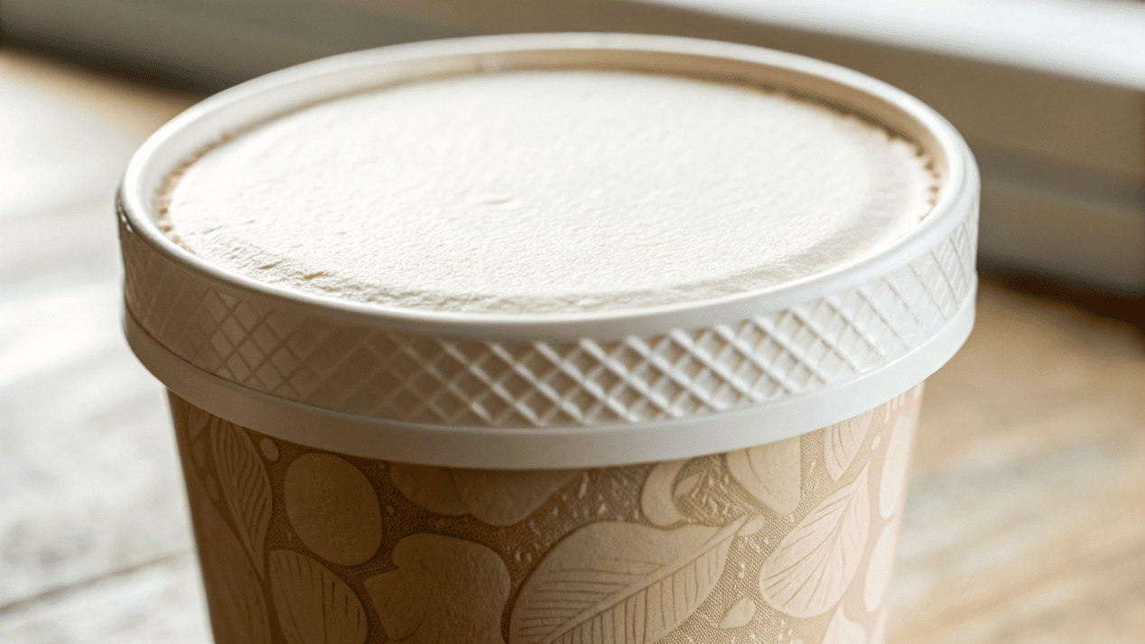 A close-up of a tight-fitting paper lid on a pint of ice cream.